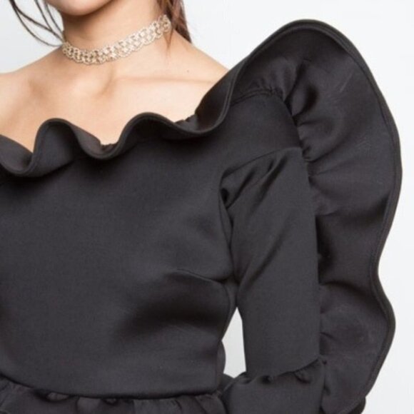 Womens Elegant GLAMOUR GIRL Ruffled Detailed Little Black Mini Dress - Picture 3 of 5